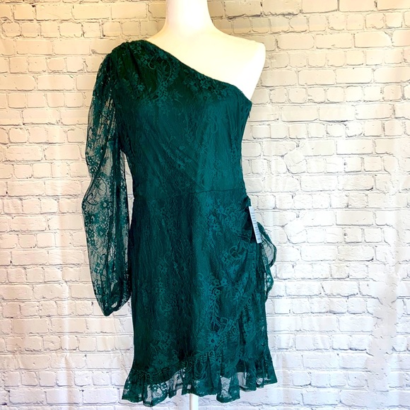 WAYF Green Lace One Shoulder Knee Length Dress - Picture 2 of 12